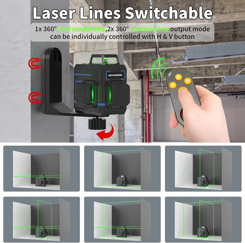 A-Power Laser Level 360 Self Leveling, 3 x 360° Cross Line Lazer Leveler Tool for Construction and Picture Hanging, Rechargeable Nivel Laser Outdoor, L-Magnetic Bracket Included - Image 2